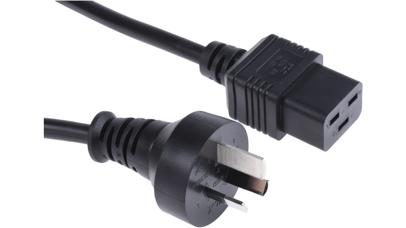 Cable de alimentación RS PRO Negro de 2m, con. A IEC C19, hembra, con. B Conector macho australiano tipo I, macho, 250