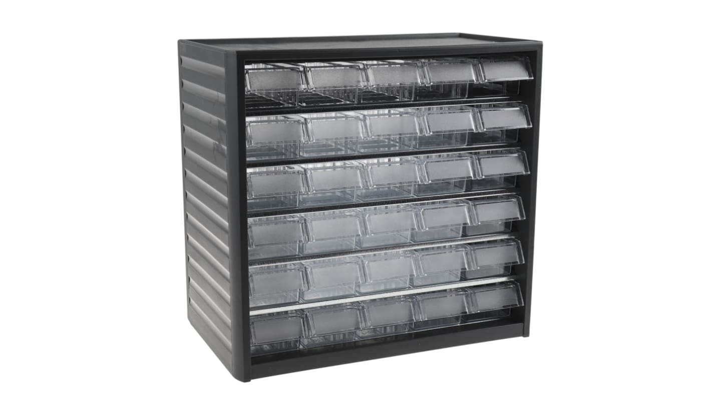 RS PRO 30 Drawer Storage Unit, PP, 290mm x 310mm x 180mm, Grey