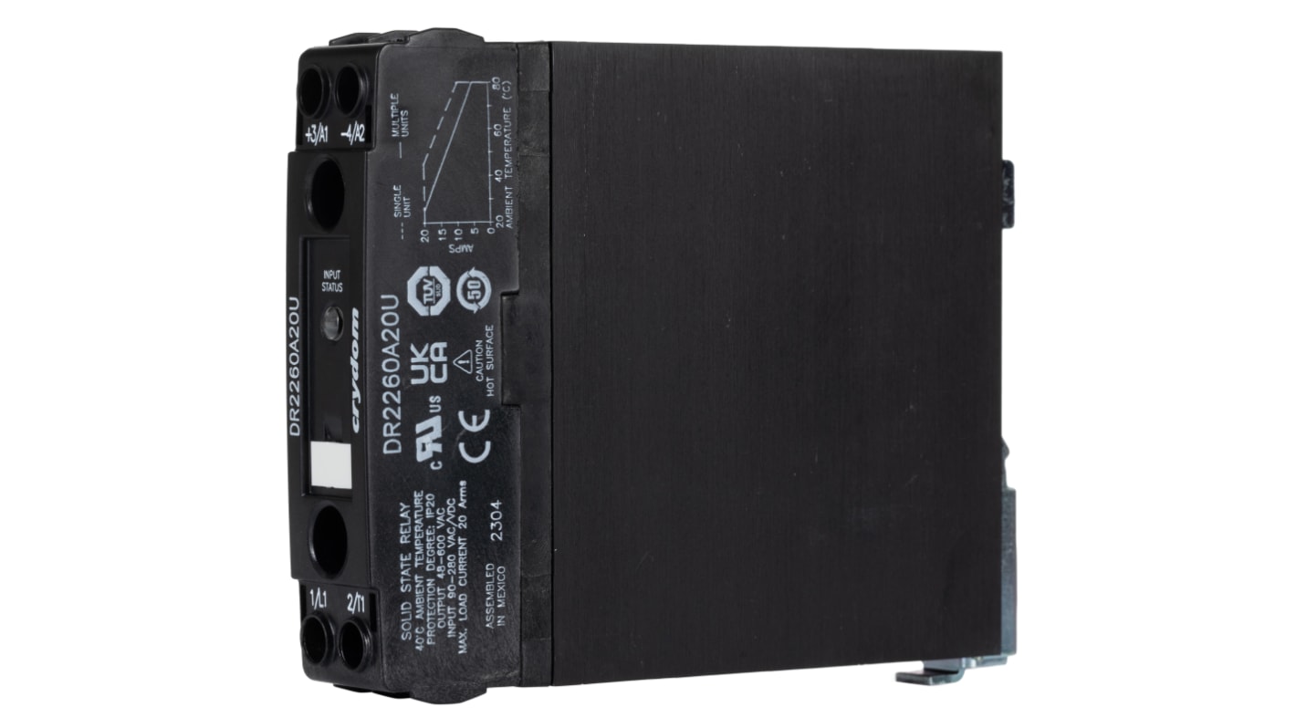 Relè a stato solido DR2260A20U, Guida DIN, 20 A, 600 V rms, Zero Crossing, SP DR22