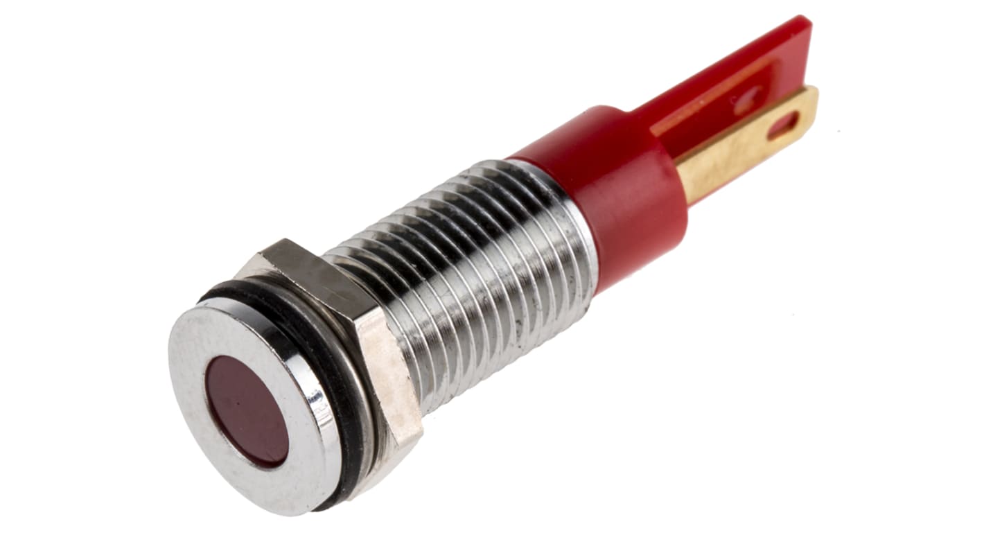 RS PRO Red Panel Mount Indicator, 12V dc, 8mm Mounting Hole Size, Faston, Solder Lug Termination, IP67