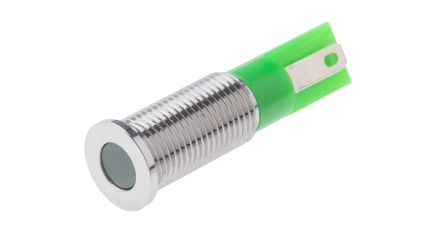 RS PRO Green Panel Mount Indicator, 12V dc, 8mm Mounting Hole Size, Faston, Solder Lug Termination, IP67