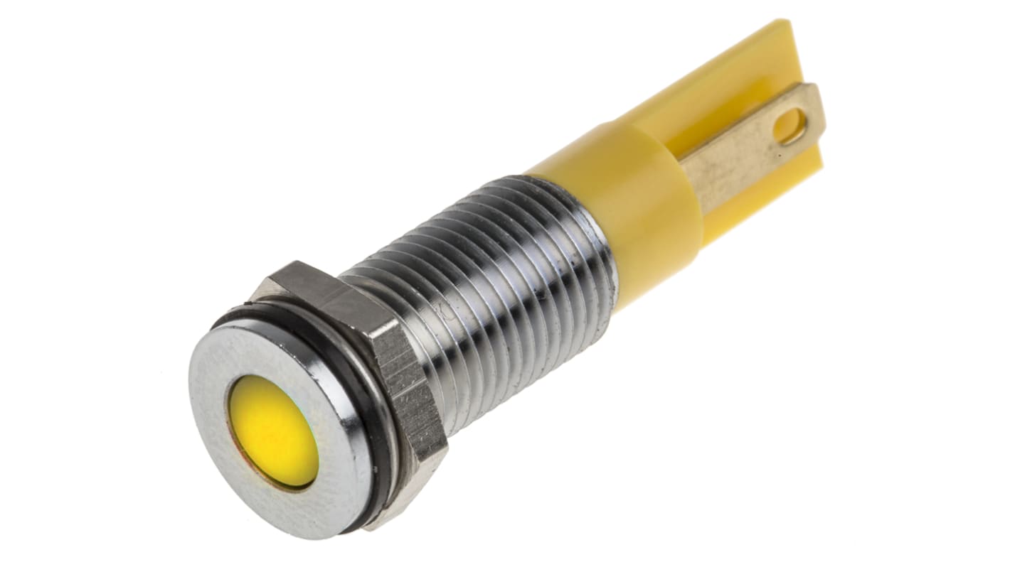 Indicador LED RS PRO, Amarillo, lente enrasada, marco Cromo, Ø montaje 8mm, 12V dc, 20mA, 250mcd, IP67