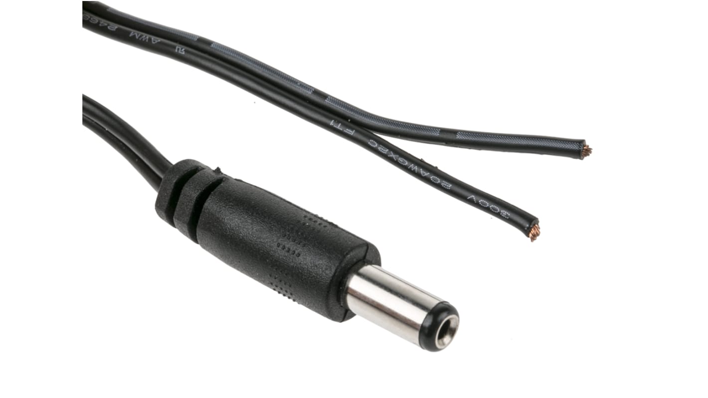 RS PRO Konfektioniertes Stromkabel, A 2,1 mm, DC-Strom / Stecker, B offenes Ende, 1.8m Schwarz