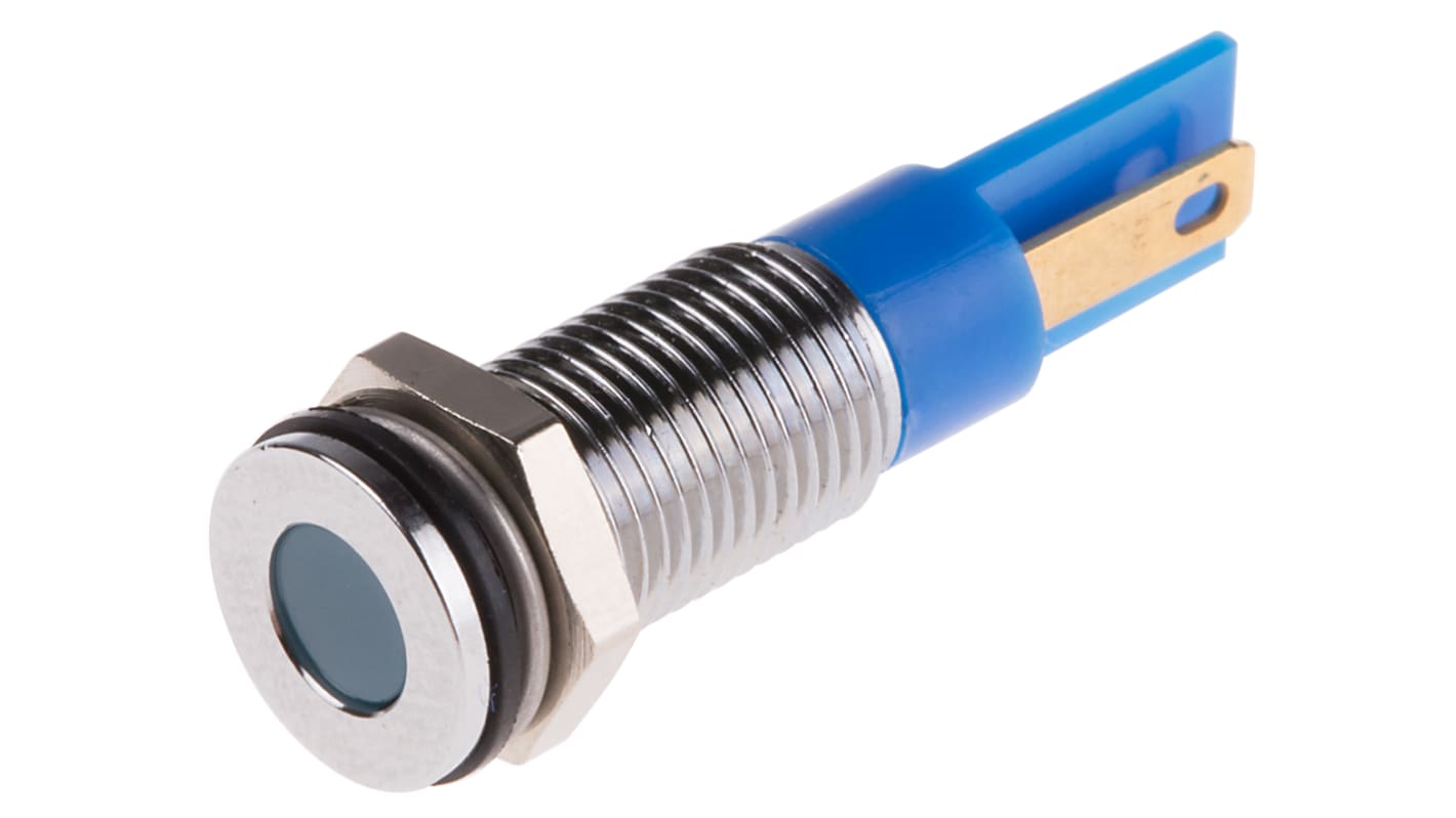 RS PRO Blue Panel Mount Indicator, 12V dc, 8mm Mounting Hole Size, Faston, Solder Lug Termination, IP67