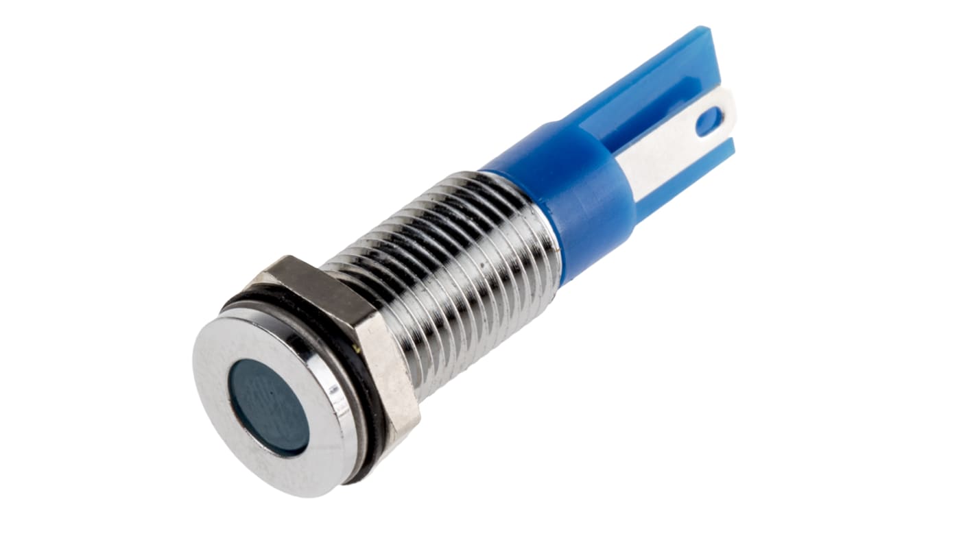 Indicador LED RS PRO, Azul, lente enrasada, marco Cromo, Ø montaje 8mm, 24V dc, 20mA, 200mcd, IP67