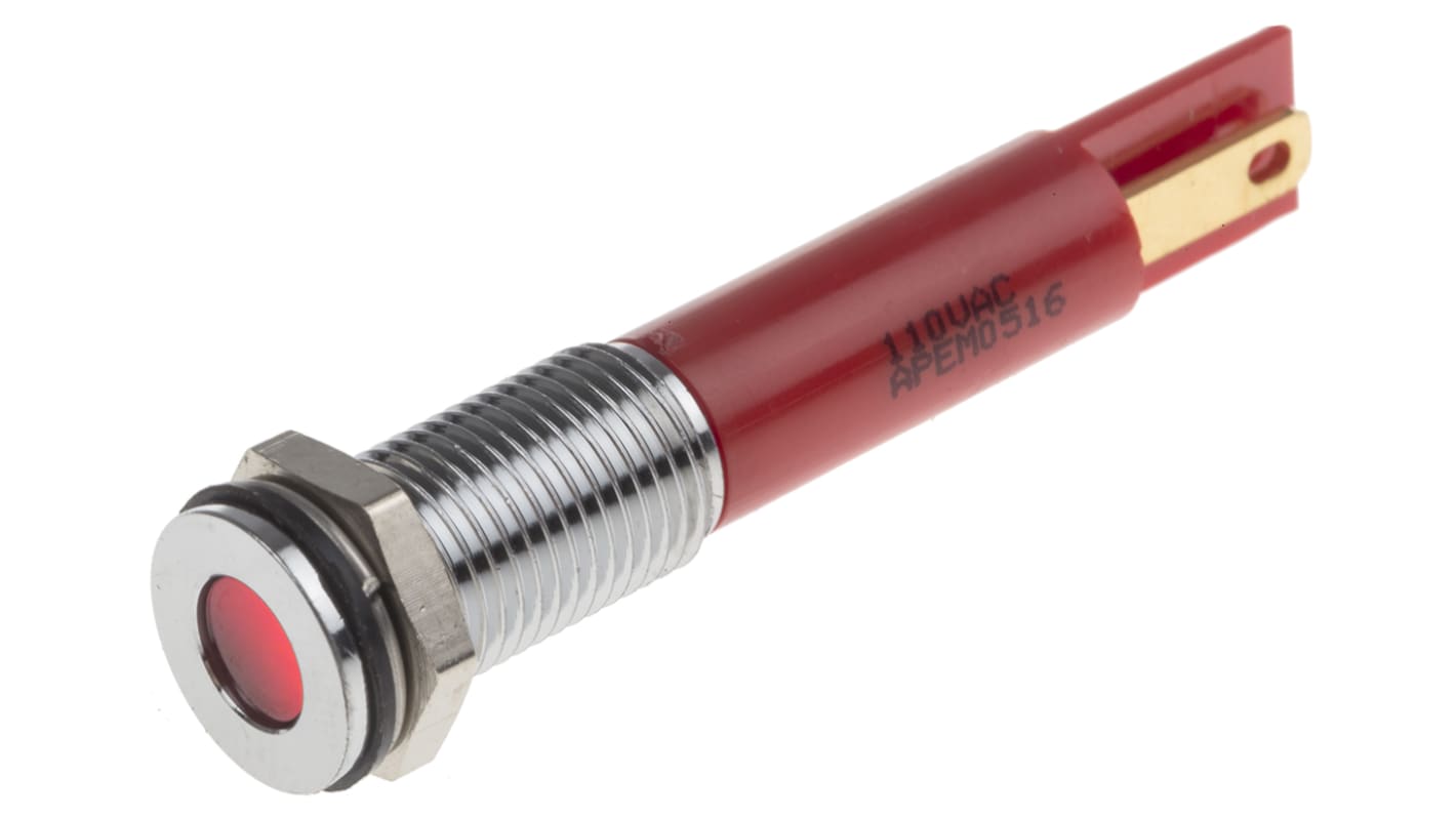 RS PRO Red Panel Mount Indicator, 110V ac, 8mm Mounting Hole Size, Faston, Solder Lug Termination, IP67