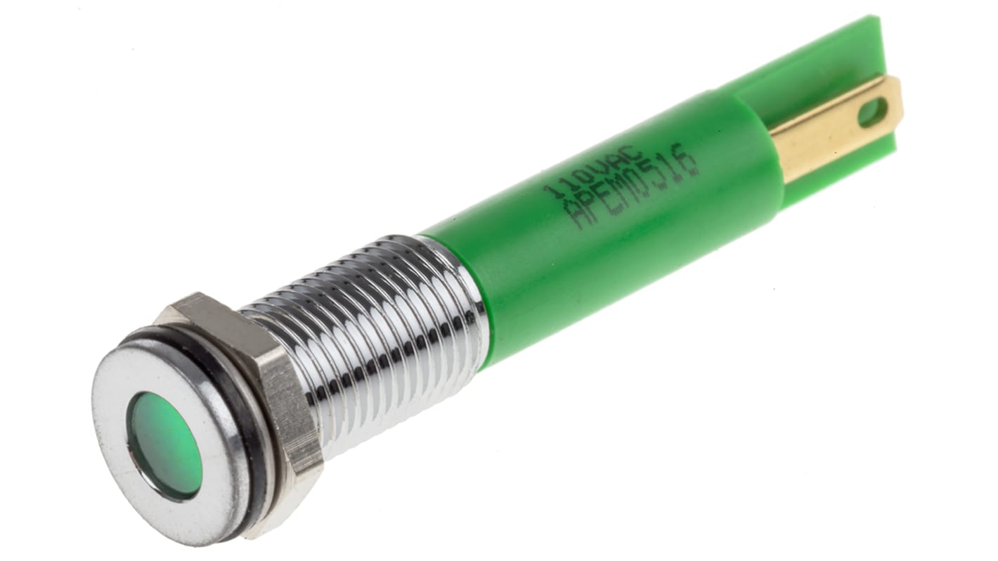 RS PRO Green Panel Mount Indicator, 110V ac, 8mm Mounting Hole Size, Faston, Solder Lug Termination, IP67