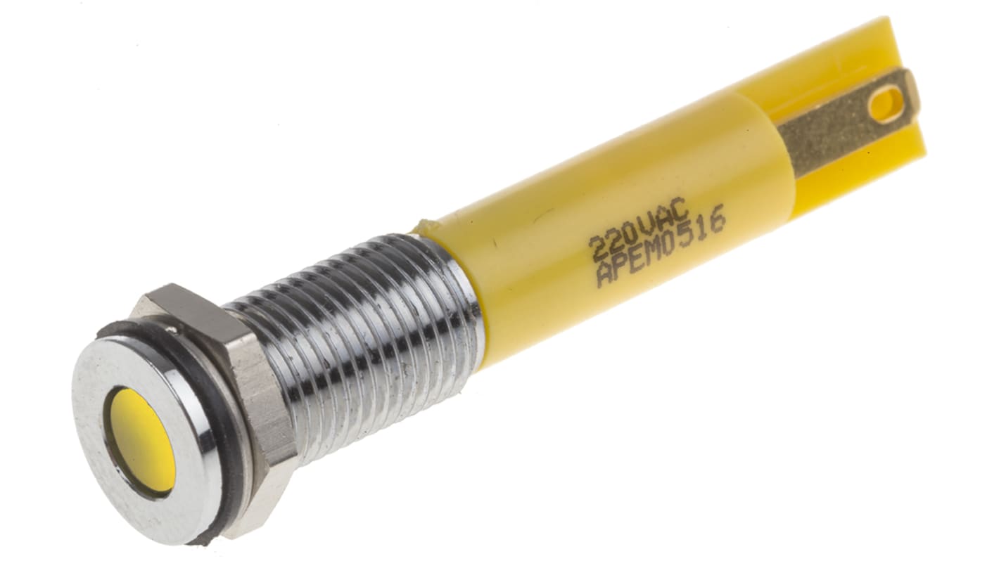 RS PRO Yellow Panel Mount Indicator, 110V ac, 8mm Mounting Hole Size, Faston, Solder Lug Termination, IP67