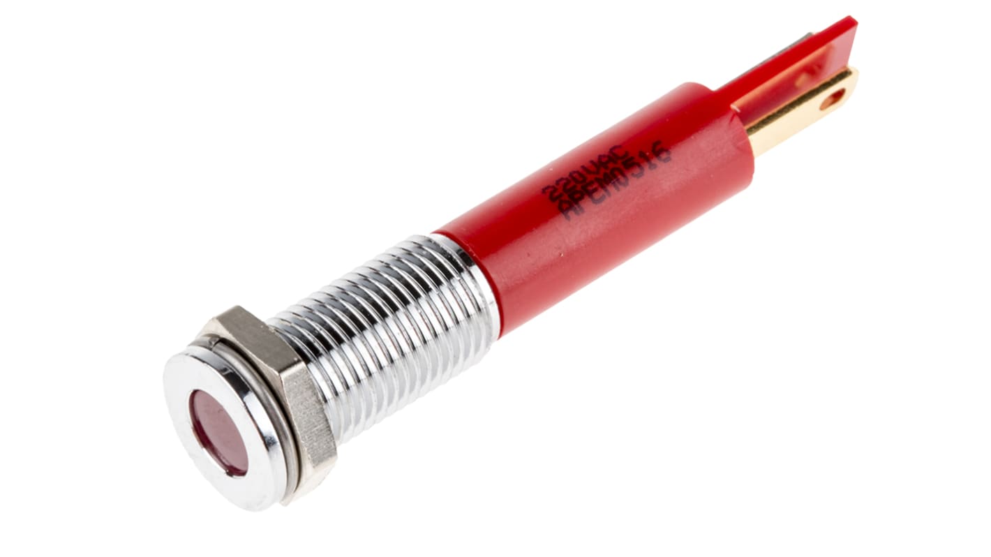 RS PRO Red Panel Mount Indicator, 220V ac, 8mm Mounting Hole Size, Faston, Solder Lug Termination, IP67