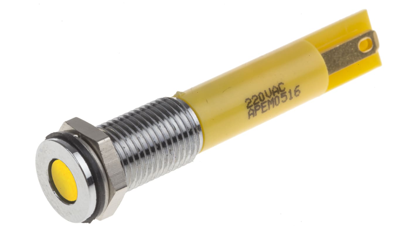 RS PRO Yellow Panel Mount Indicator, 220V ac, 8mm Mounting Hole Size, Faston, Solder Lug Termination, IP67