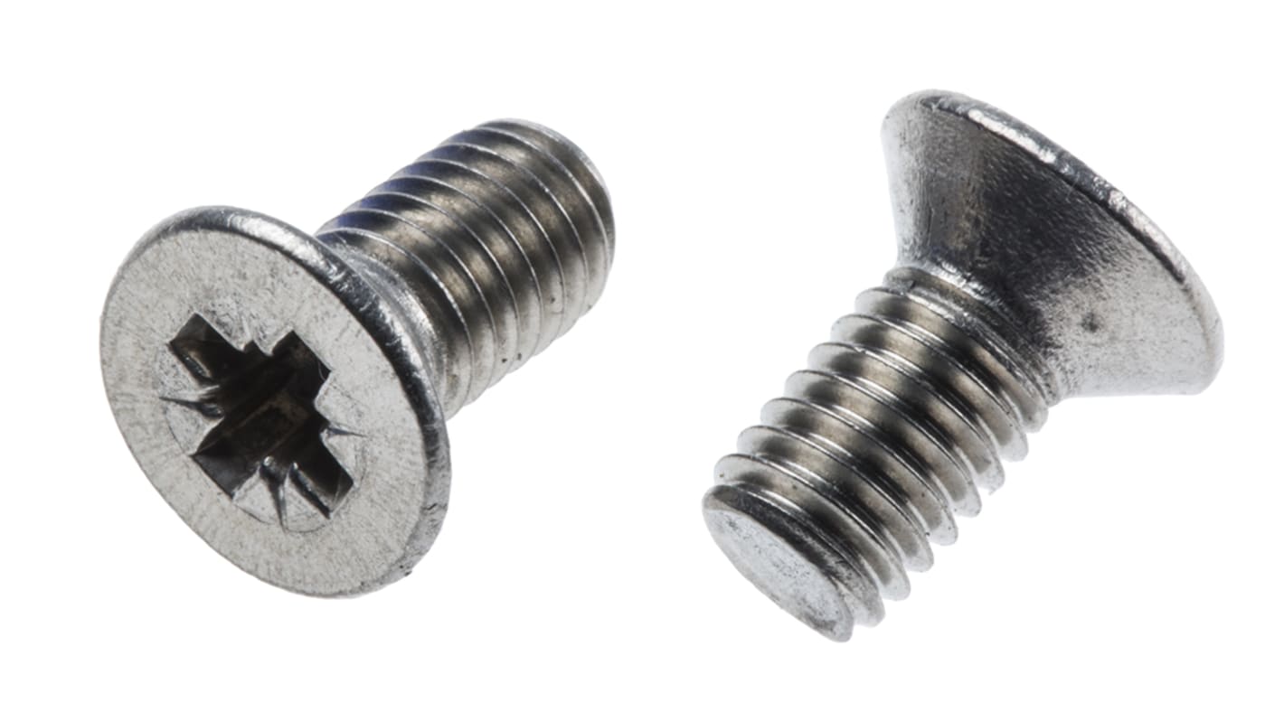 RS PRO Pozidriv Countersunk A2 304 Stainless Steel Machine Screws DIN 965, M5x10mm