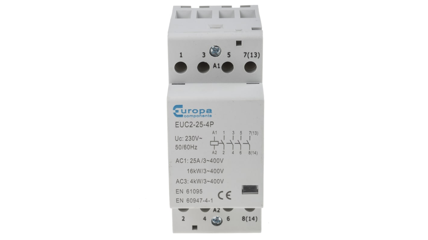 Europa Contactor, 230 V ac Coil, 4-Pole, 25 A, 4 kW, 4NO, 400 V ac