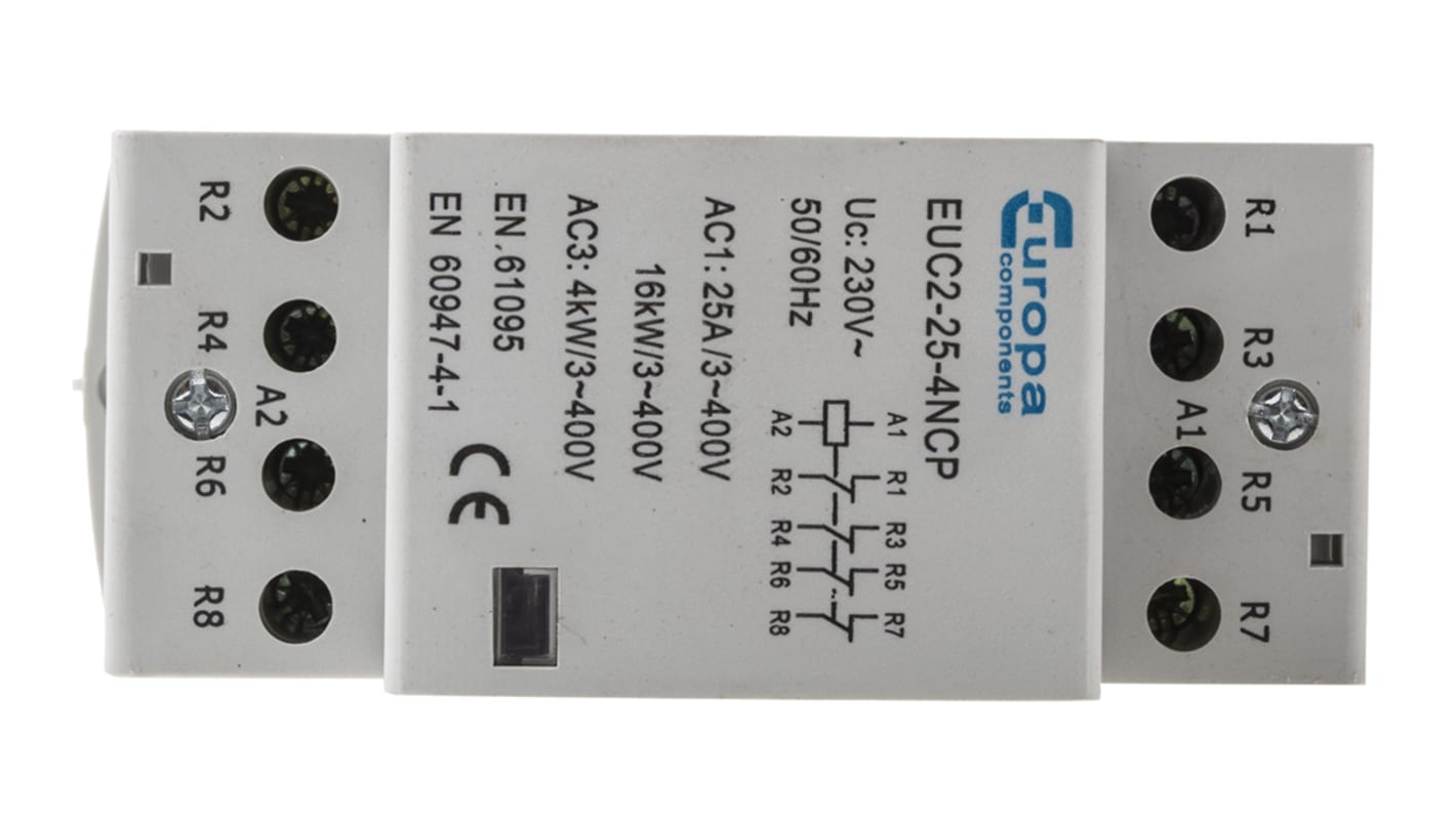 Contactor Europa de 4 polos, 4 NC, 25 A, bobina 230 V ac, 4 kW