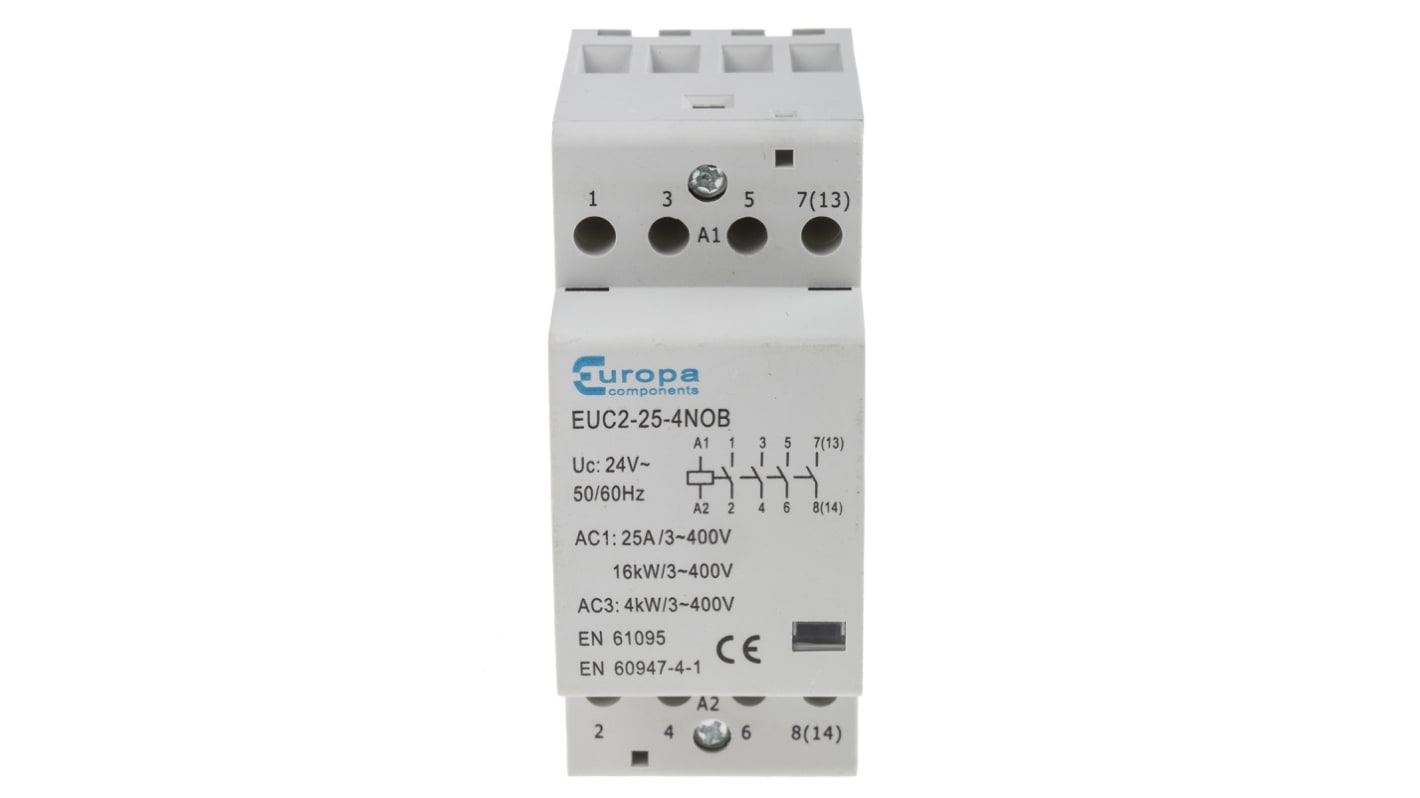 Contactor Europa de 4 polos, 4 NA, 25 A, bobina 24 V ac, 4 kW