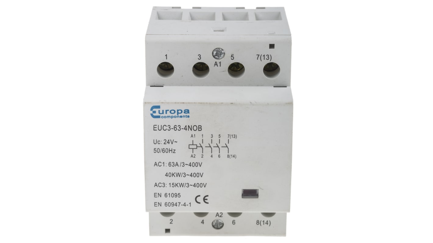 Europa Contactor, 24 V ac Coil, 4-Pole, 63 A, 40 kW, 4NO, 400 V ac