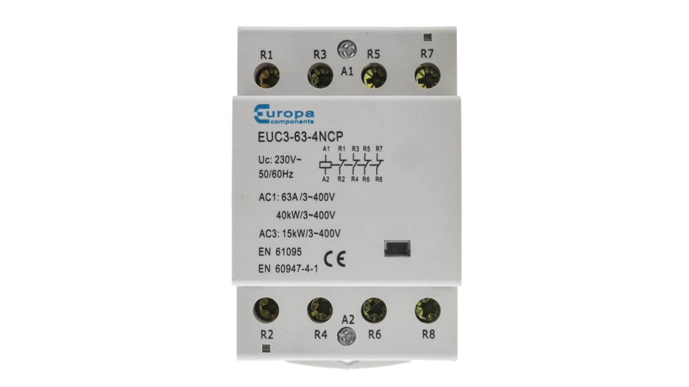 Contactor Europa de 4 polos, 4 NC, 63 A, bobina 230 V ac, 40 kW