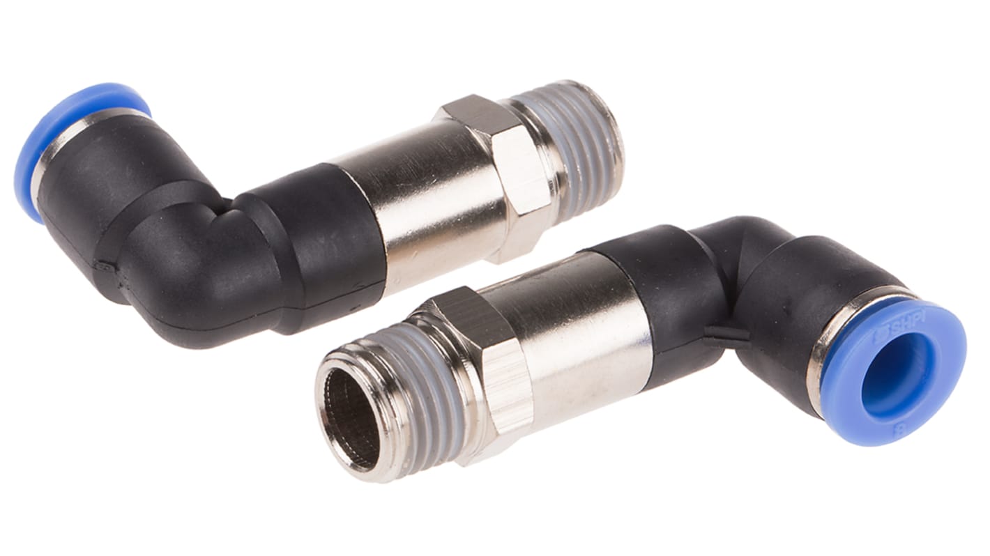 Adaptateur fileté coudé RS PRO vers Enfichable, 8 mm R 1/4 Mâle