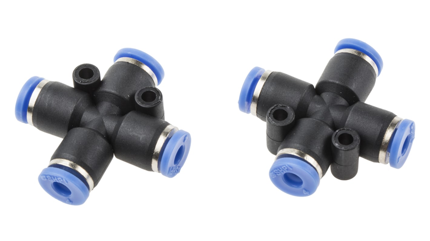 RS PRO Cross Tube-to-Tube Adaptor, Push In 4 mm to Push In 4 mm, Tube-to-Tube Connection Style