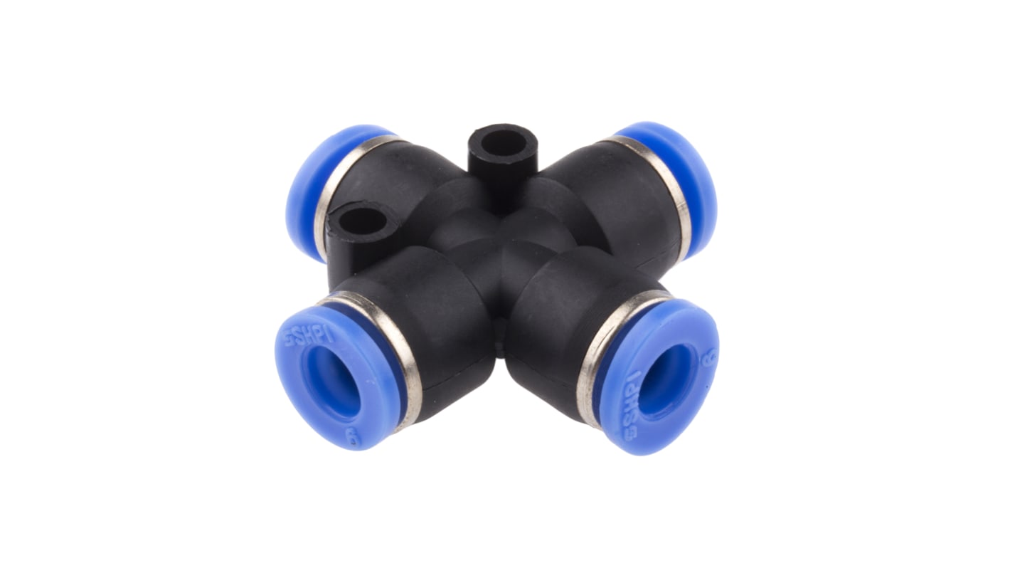RS PRO Cross Tube-to-Tube Adaptor, Push In 6 mm to Push In 6 mm, Tube-to-Tube Connection Style