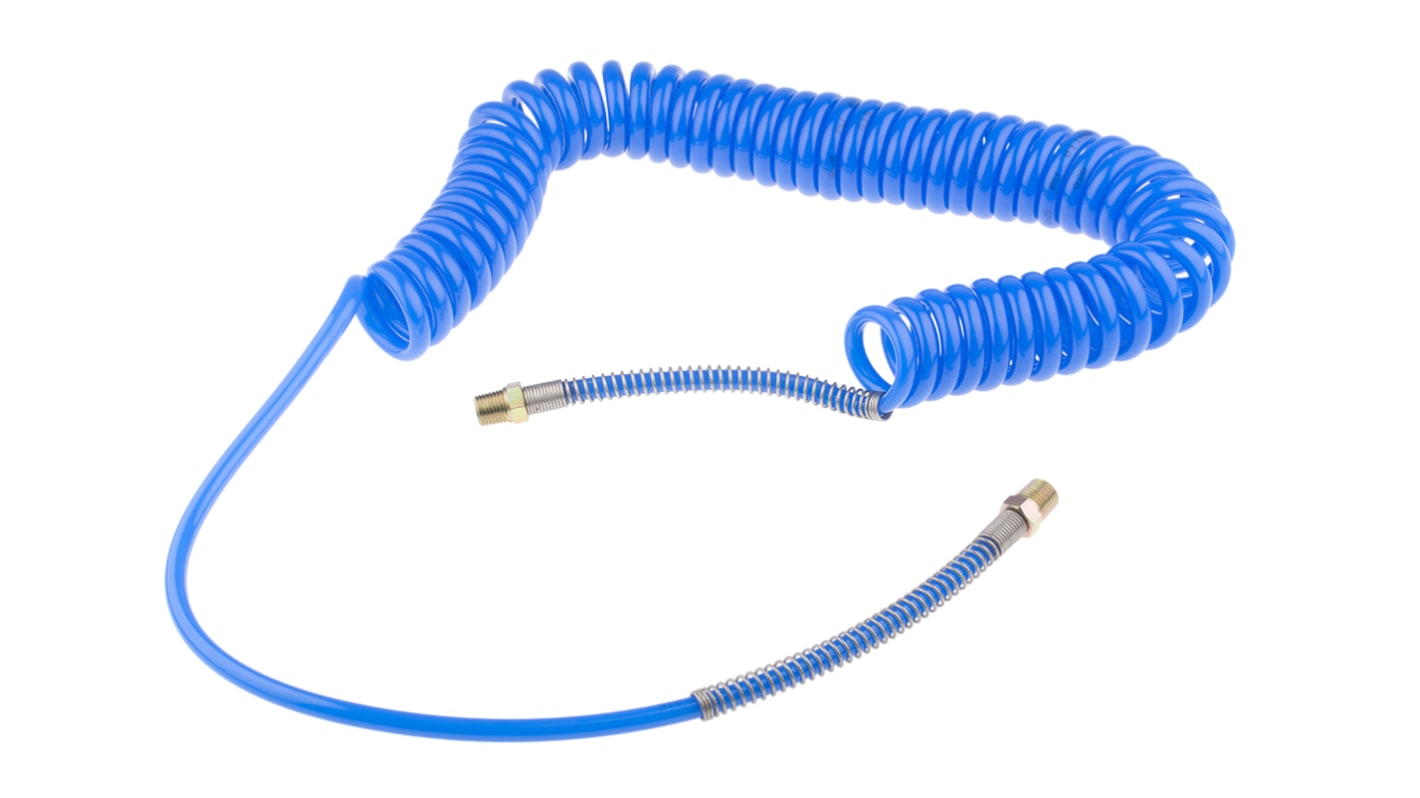 Manguera en espiral RS PRO serie CPC de poliuretano Azul, conexión BSPT 1/4' macho, longitud máx. 4m