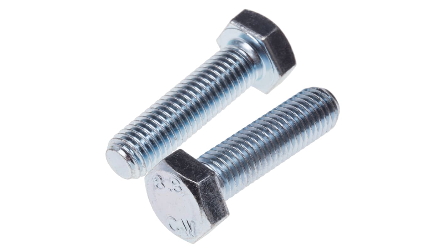 RS PRO Bright Zinc Plated Steel Hex, Hex Bolt, M10 x 55mm