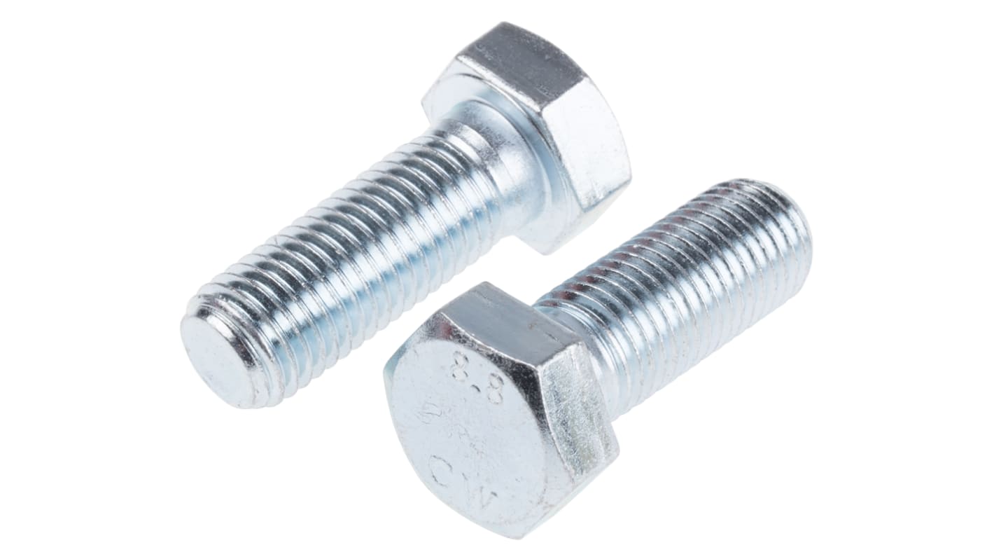 RS PRO Bright Zinc Plated Steel Hex, Hex Bolt, M20 x 55mm