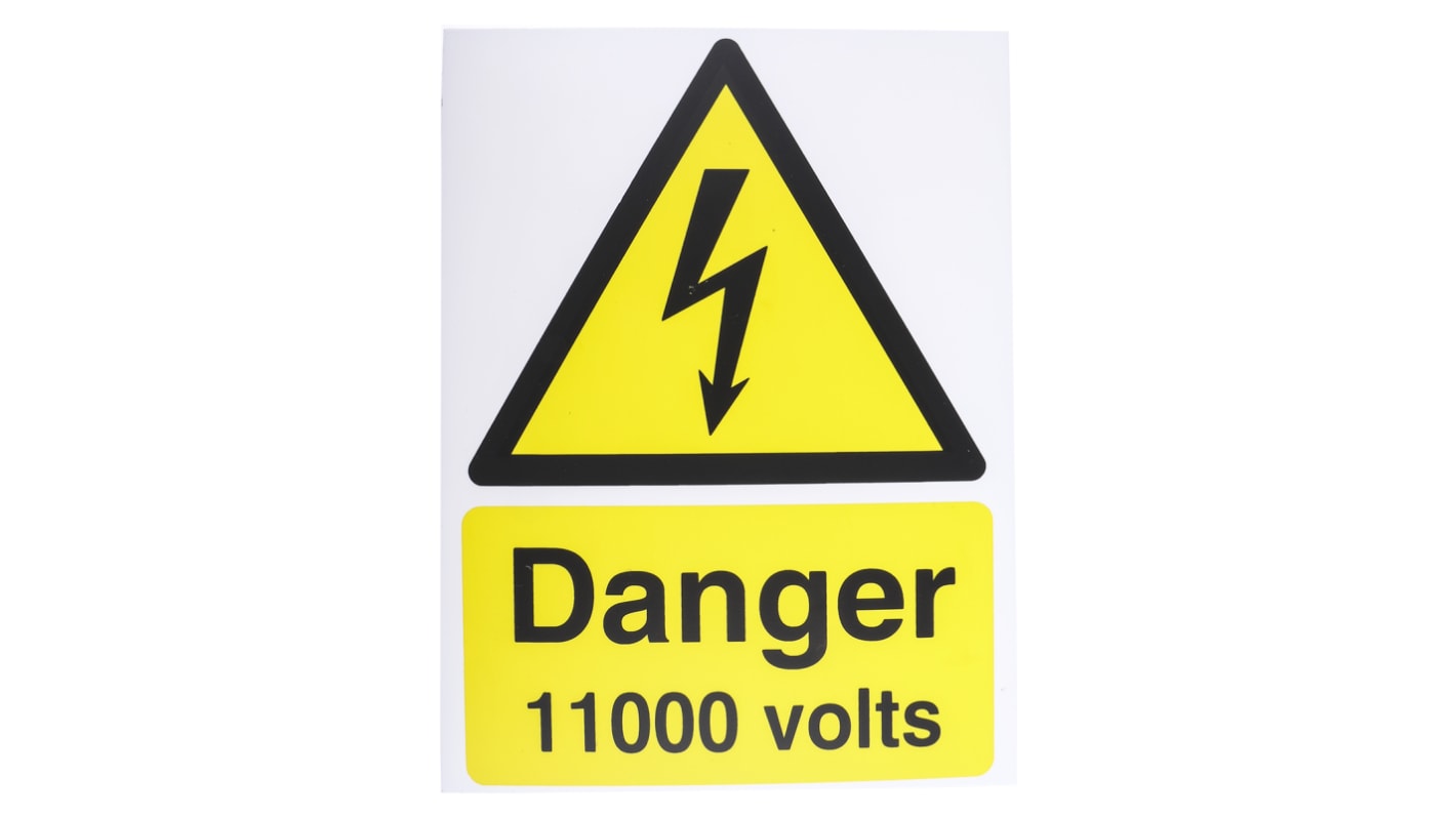 Műanyag, Sárga/fekete "Danger 11000 Volts, Angol Elektromos Tábla