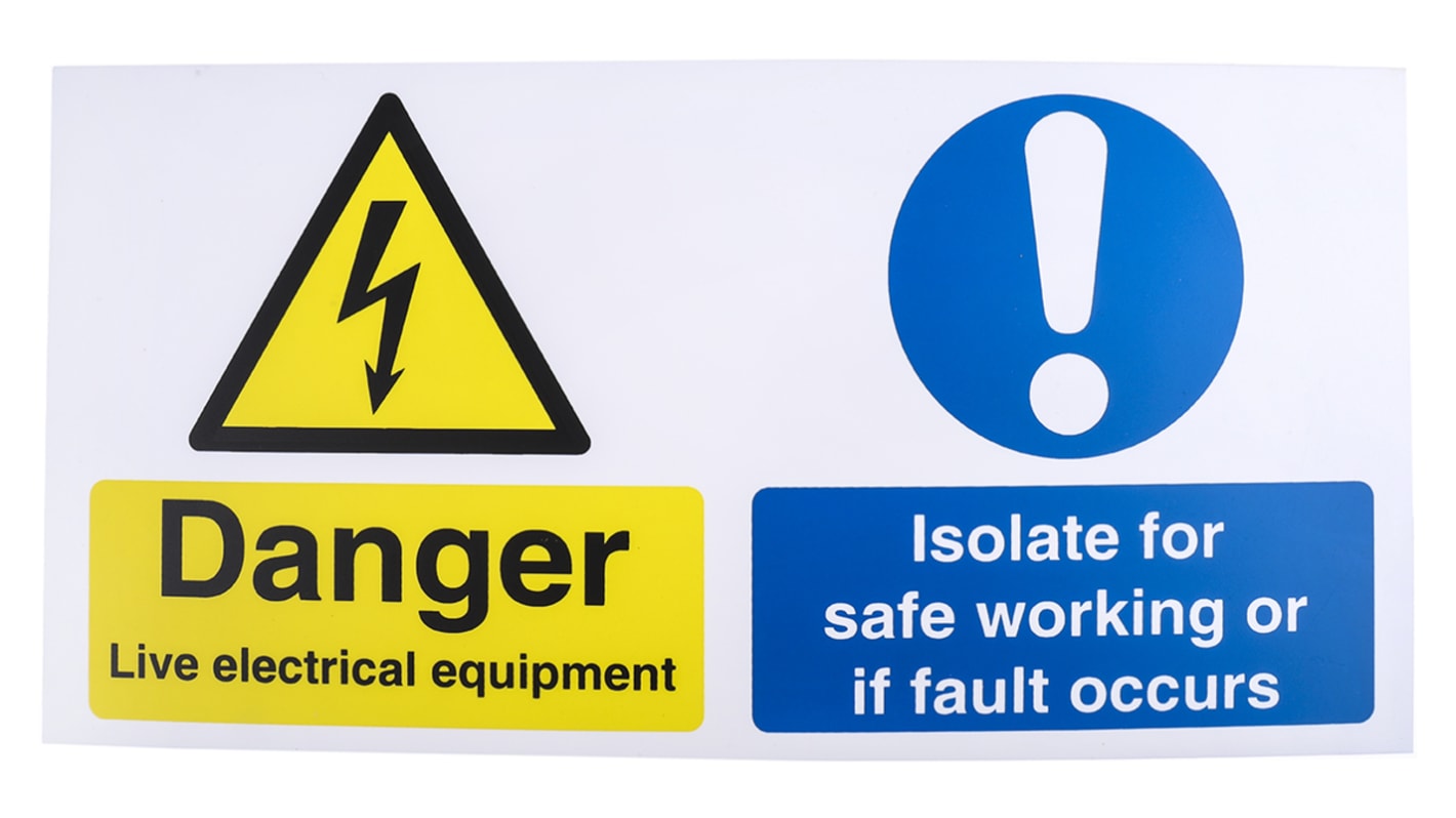 Műanyag, Fekete/kék/sárga "Danger Live Electrical Equipment - Isolate for Safe Working or if Fault Occurs, Angol