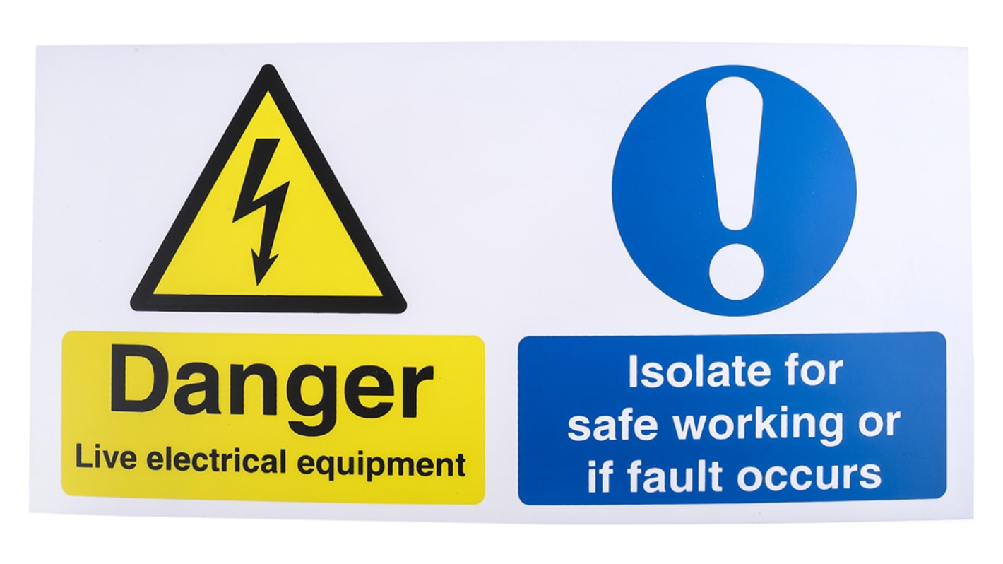 RS PRO 危険警告ラベル Danger Live Electrical Equipment - Isolate for Safe Working or if Fault Occurs 英語語 プラスチック 黒/青/黄 電気 サイン