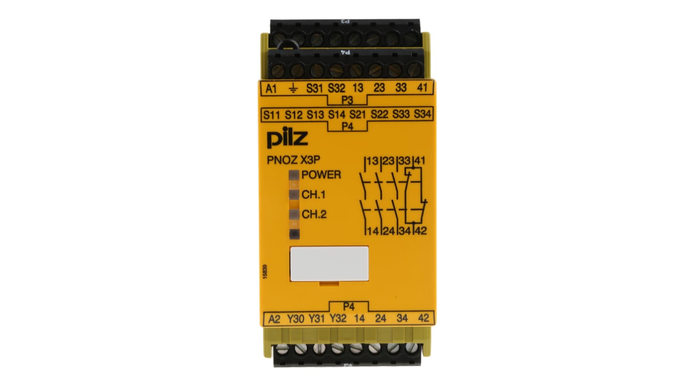 Pilz PNOZ X3P Sicherheitsrelais, 24 → 240V ac/dc, 2-Kanal, 3 Sicherheitskontakte Not-Aus, Lichtstrahl/Vorhang,