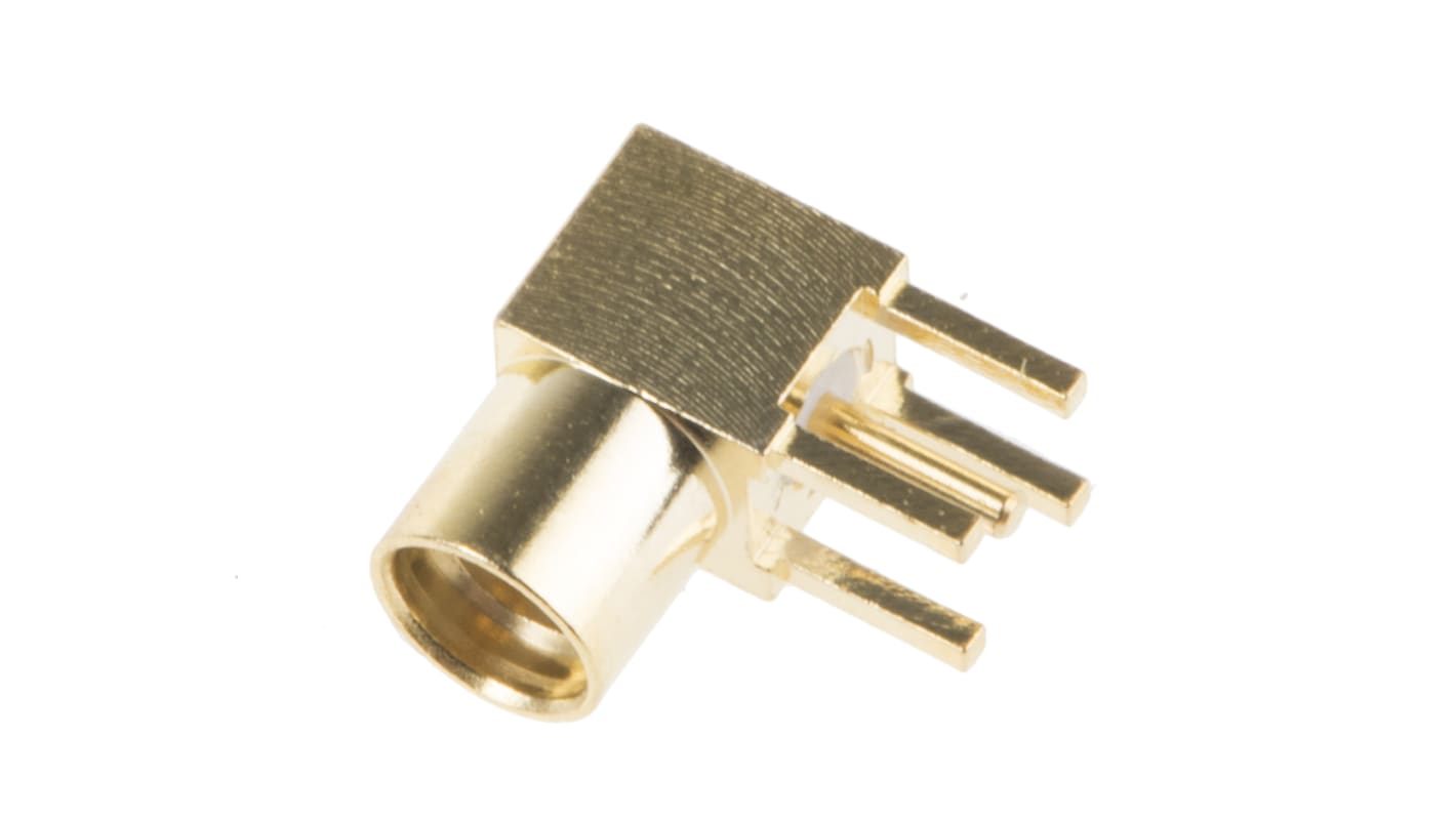 Conector coaxial RS PRO, Hembra, Ángulo de 90° , Impedancia 50Ω, Montaje en PCB, Terminación de Soldador, 0 to 6GHz,