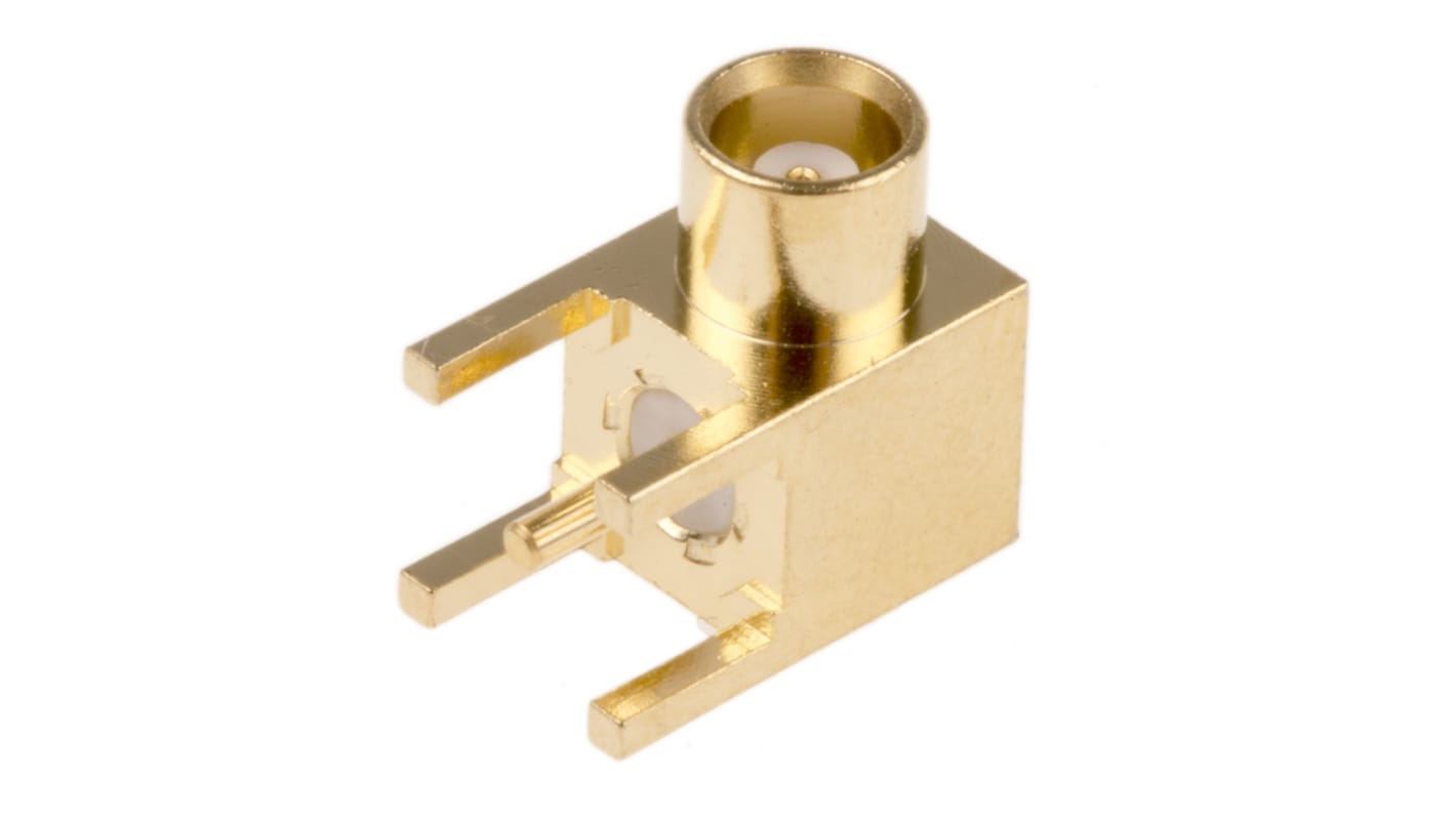 Conector coaxial RS PRO, Hembra, Ángulo de 90° , Impedancia 50Ω, Montaje en PCB, Terminación de Soldador, 0 to 6GHz, Oro