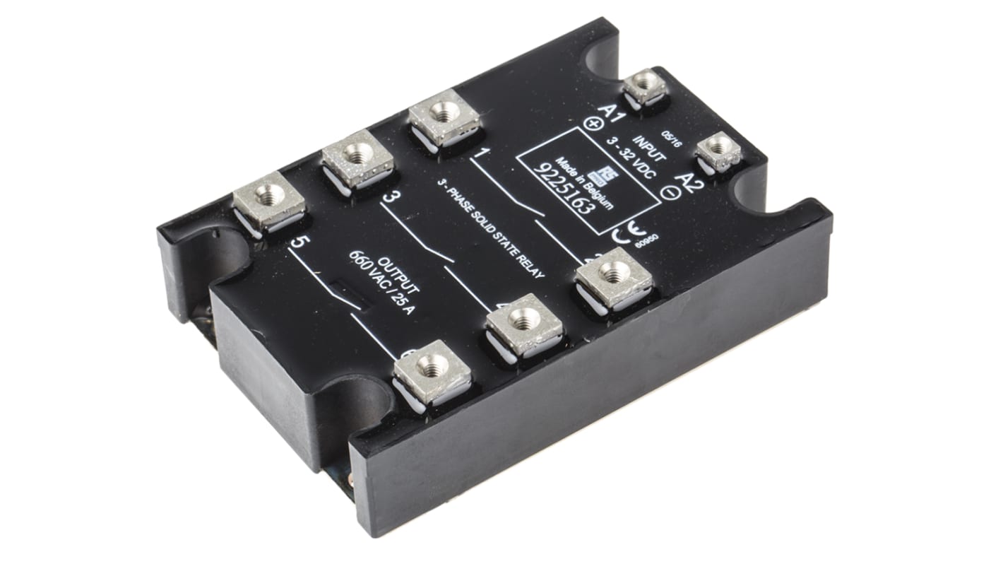 RS PRO Halvlederrelæ, 3-polet - NO, Panelmontering-montering, Maks. 660 V ac, 25 A RMS Tyristor, Nulgennemgang