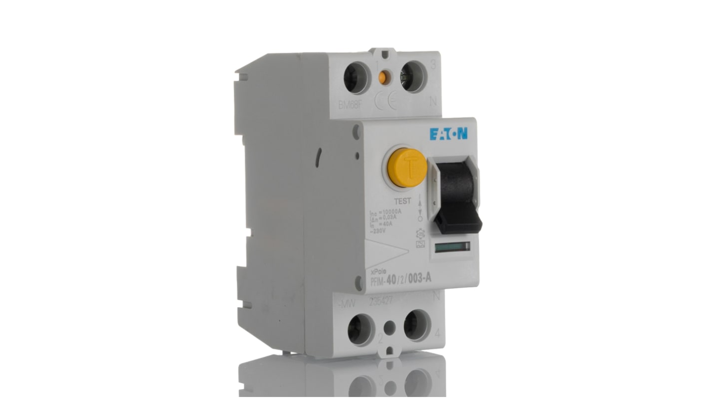 Interruptor diferencial Eaton, 40A Tipo A, 2 Polos, 30mA Tipo A PFIM IEC/EN 61008 230V ac