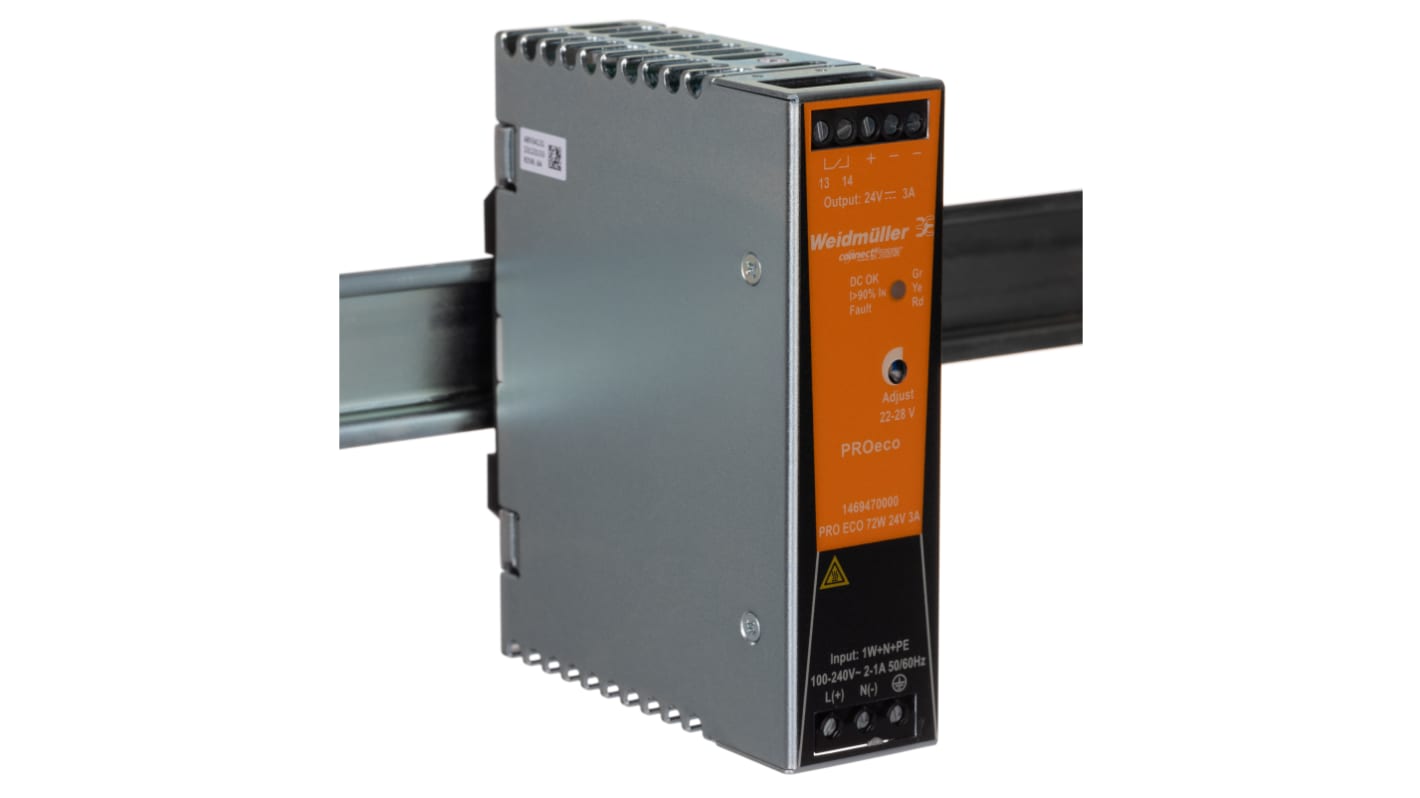 Weidmüller PRO ECO Switch Mode DIN Rail Power Supply, 85 → 264 V ac / 80 → 370V dc ac, dc Input, 24V dc