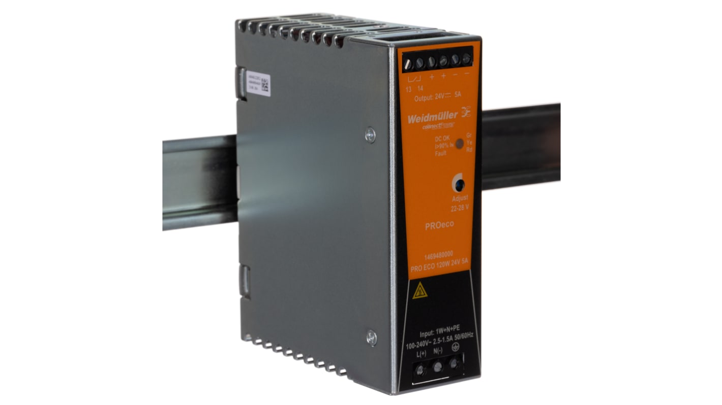 Weidmüller PRO ECO Switched Mode DIN Rail Power Supply, 85 → 264 V ac / 80 → 370V dc ac, dc Input, 24V dc