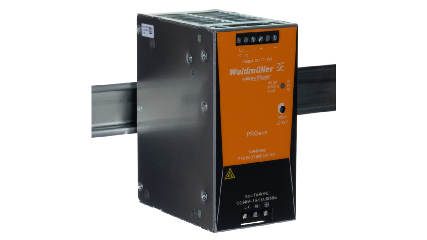 Weidmüller PRO ECO DIN Rail Power Supply, 85 → 264 V ac / 80 → 370V dc ac, dc Input, 24V dc dc Output,