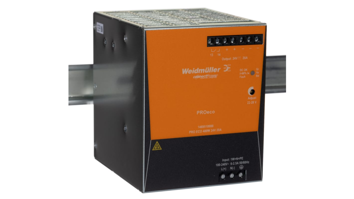 Weidmüller PRO ECO Switched Mode DIN Rail Power Supply, 85 → 264 V ac / 80 → 370V dc ac, dc Input, 24V dc