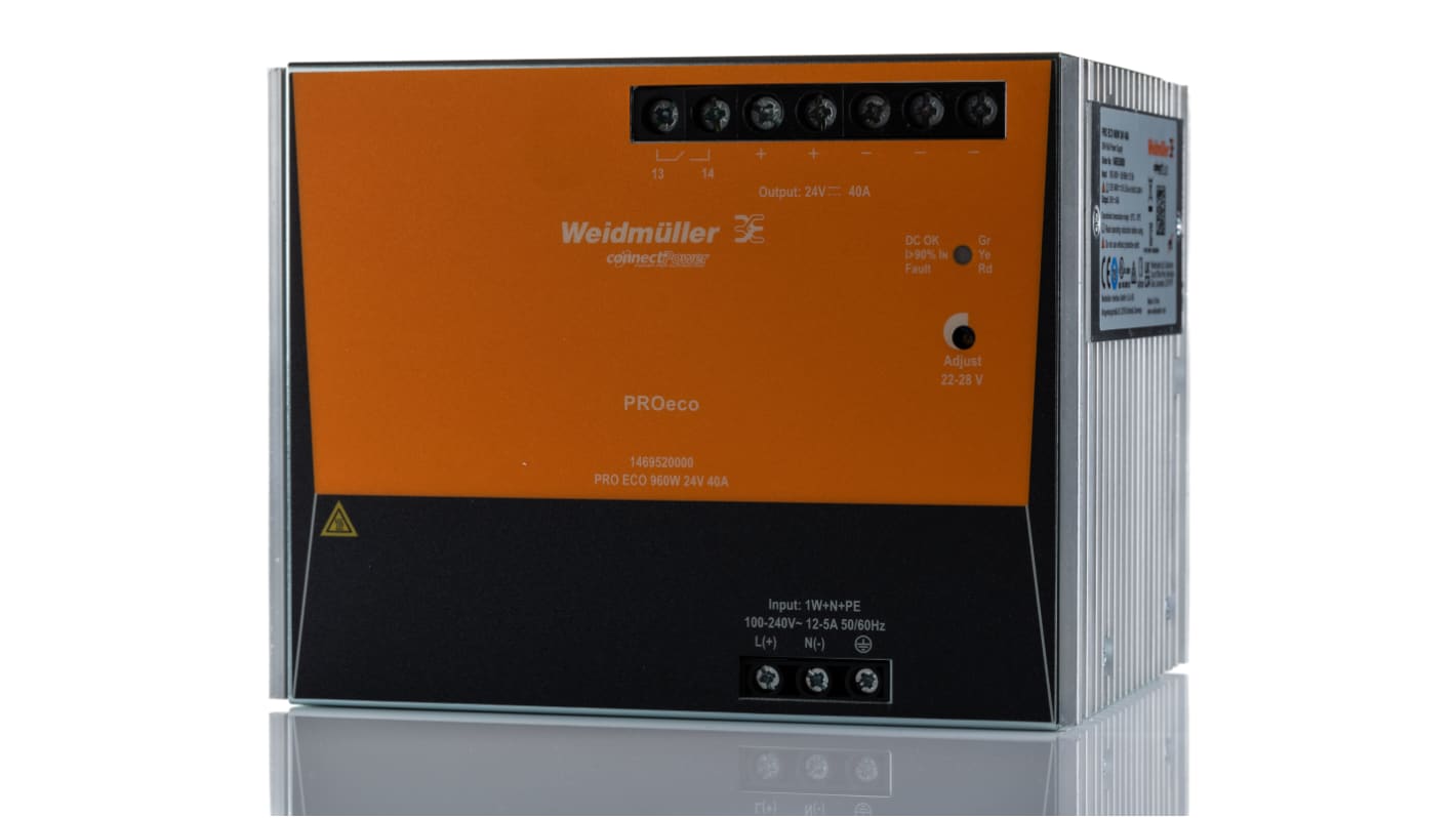 Weidmüller PRO ECO Switched Mode DIN Rail Power Supply, 85 → 264 V ac / 80 → 370V dc ac, dc Input, 24V dc