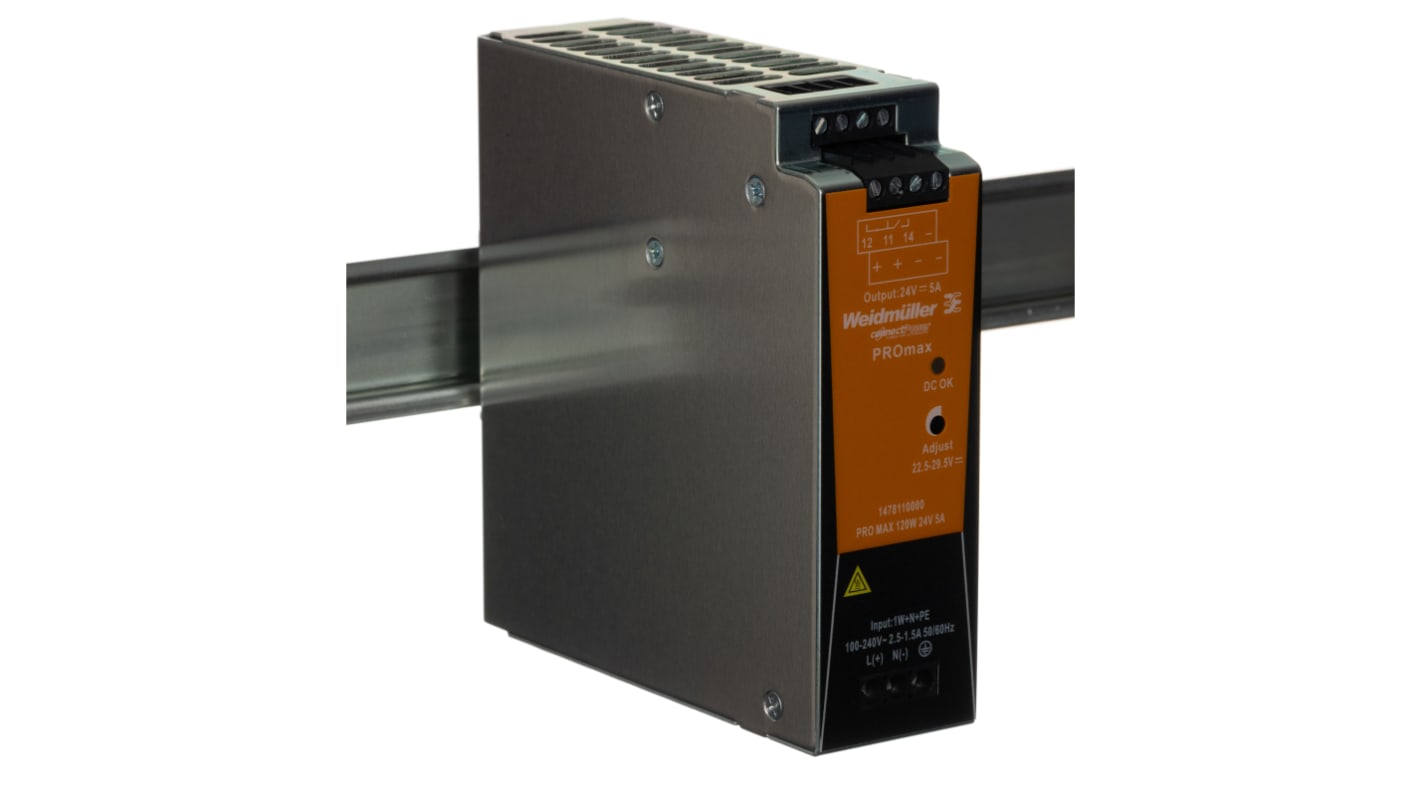 Weidmüller PRO MAX Switch Mode DIN Rail Power Supply, 85 → 277 V ac / 80 → 370V dc ac, dc Input, 24V dc