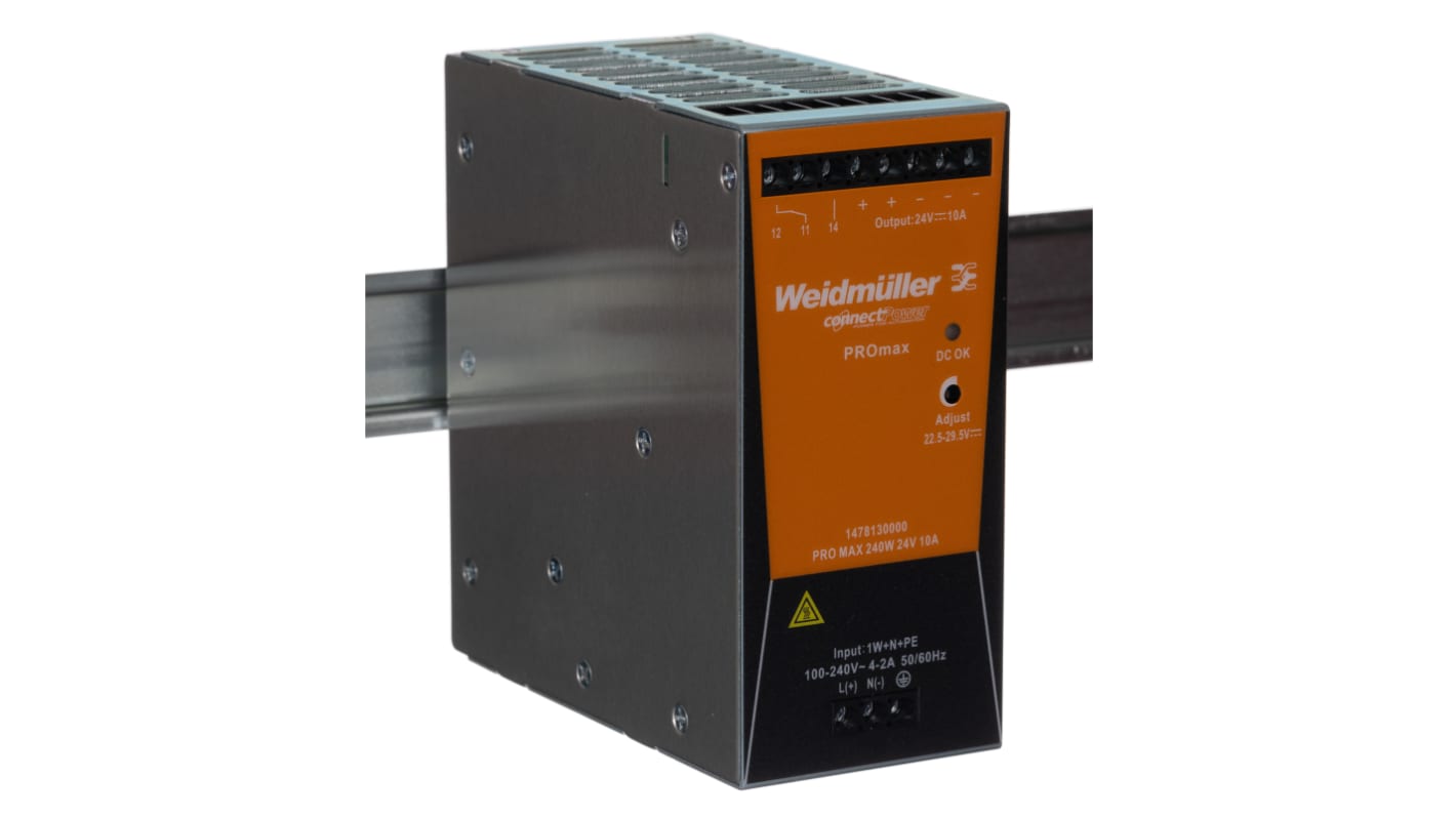 Alimentatore a montaggio su guida DIN Weidmüller, 24V cc, 10A, 85 → 277 V ac / 80 → 370V cc, 240W