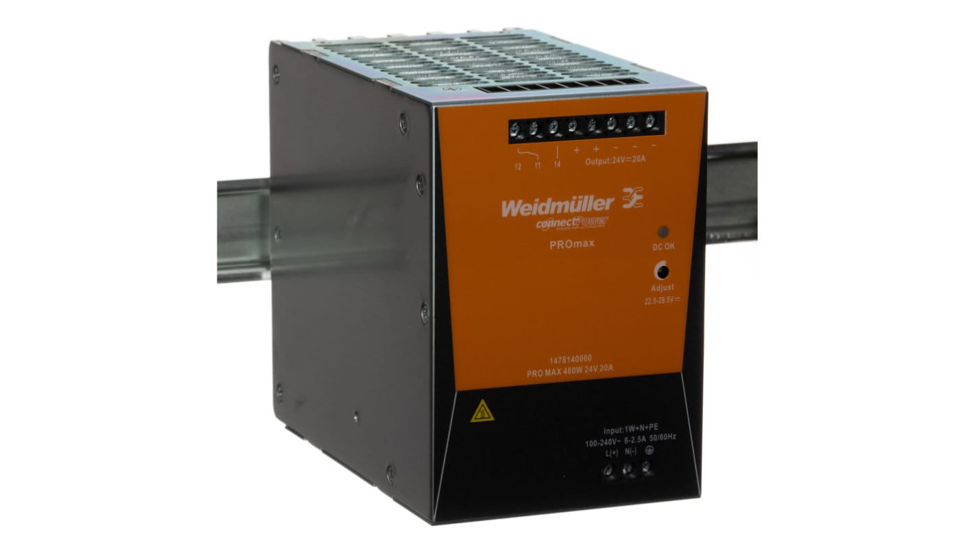 Weidmüller PRO MAX Getaktet DIN-Schienen Netzteil 480W, 85 → 277 V ac / 80 → 370V dc, 24V dc / 20A