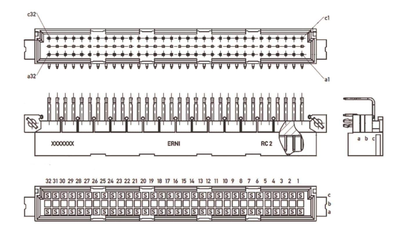 Konektor DIN 41612, řada: ERNIPRESS, Samec, rozteč: 2.54mm, počet kontaktů: 64, počet řad: 3, orientace těla: Pravý