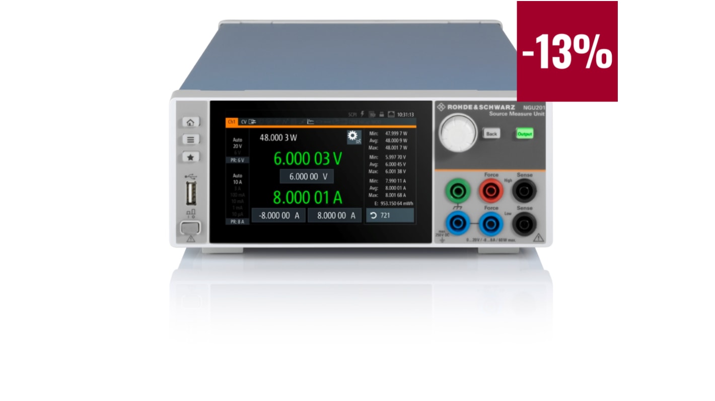 Medidor de fuente Rohde & Schwarz NGU201COM, 1 canal, 0 → 20 V, 8 A, 0 → 10 kΩ, 60 W