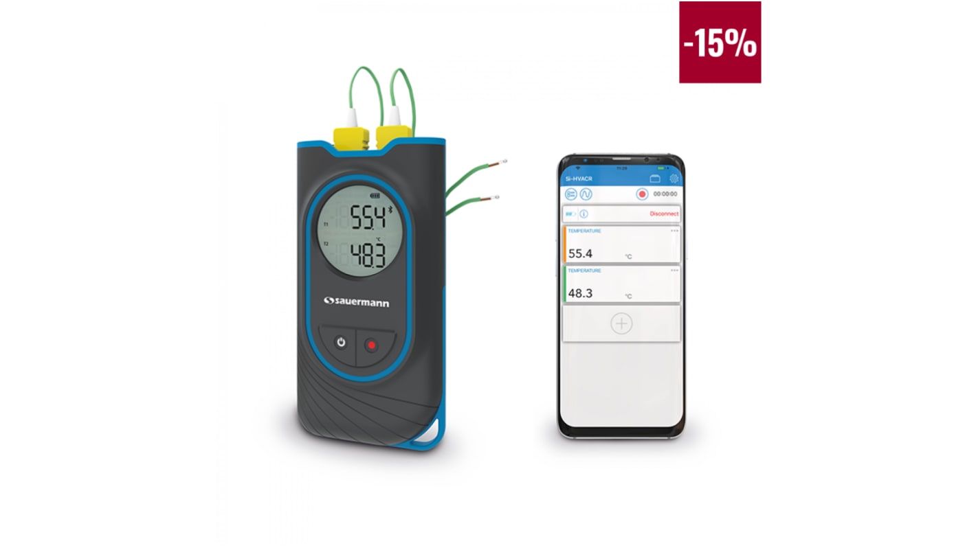 SAUERMANN. Probe Digital Thermometer for Multipurpose Use, K Probe, 2 Input(s), +1300°C Max