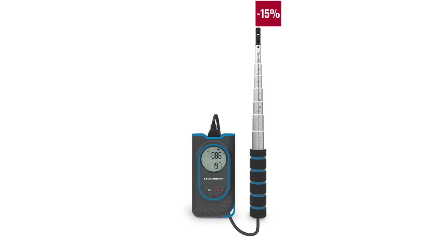 SAUERMANN. Hotwire Anemometer, 30m/s Max, Measures Air Flow, Air Velocity, Temperature