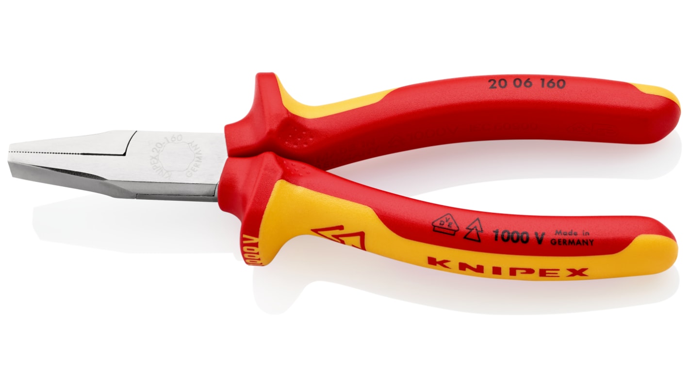 Knipex 20 06 Flat Nose Pliers, 160 mm Overall, Flat, Straight Tip, VDE/1000V, 30mm Jaw