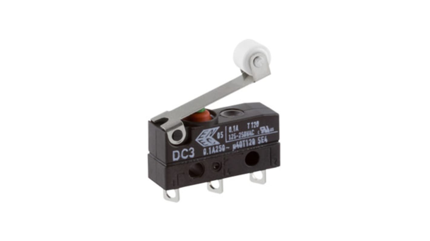 ZF Short Roller Lever Micro Switch, Solder Terminal, 100 mA @ 30 V dc, SPDT, IP6K7