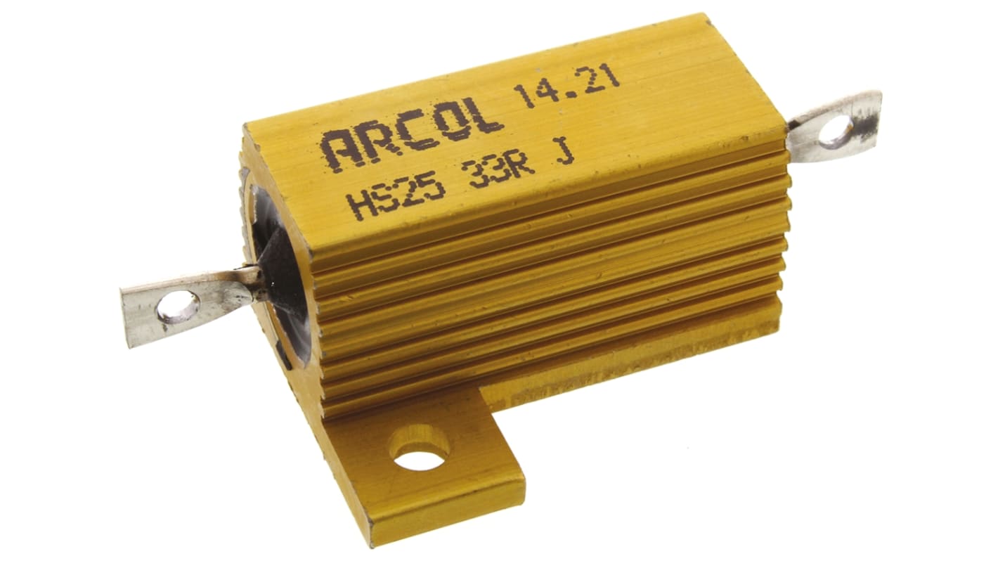 Arcol serie HS25 Trådviklet Modstand til chassismontering, 33Ω, 25W, ±5%, Aluminiumshus, Aksial