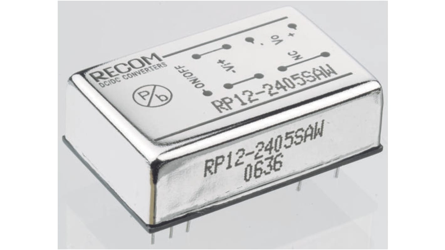 Recom RP12-AW DC-DC Converter, ±12V dc/ ±500mA Output, 18 → 75 V dc Input, 12W, Through Hole, +65°C Max Temp